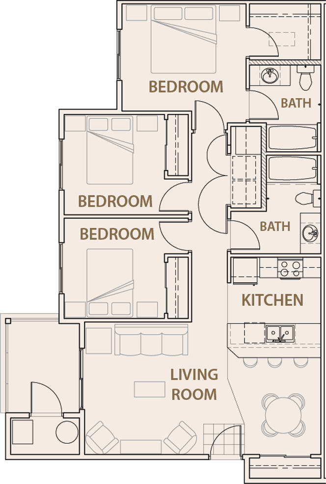 Floor plan for 3 beds, 2 baths, 1109 sqft